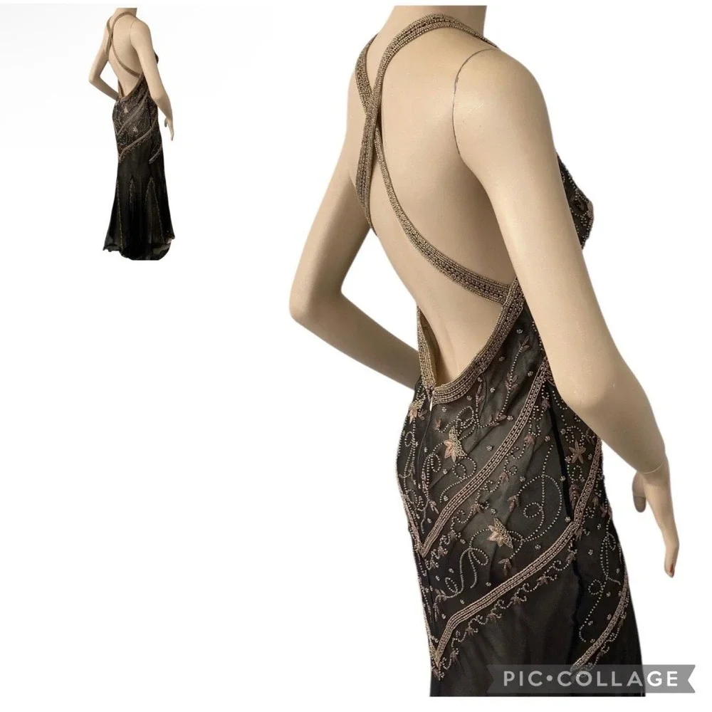 Vintage Cache Silk Beaded Open Back Formal Y2K Gown Dress Black 90s Size 2 - Picture 5 of 16